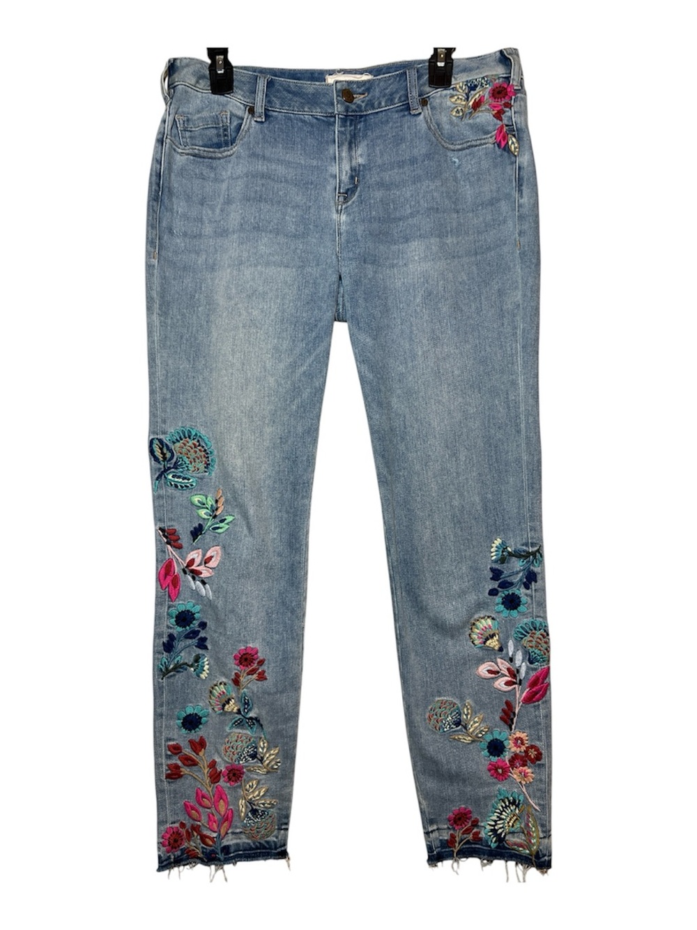 Sundance Catalog Primrose Distressed Blue Floral Embroidery Jeans Size 31